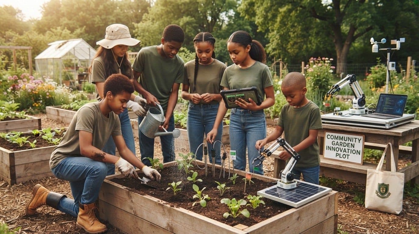 Young people planting and testing soil sensors in a school garden, with a small robot arm and a solar panel