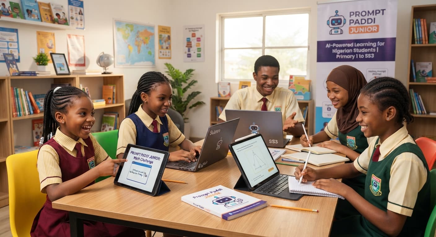 Nigerian secondary school pupils working together around a table with laptops, tablets and exercise books