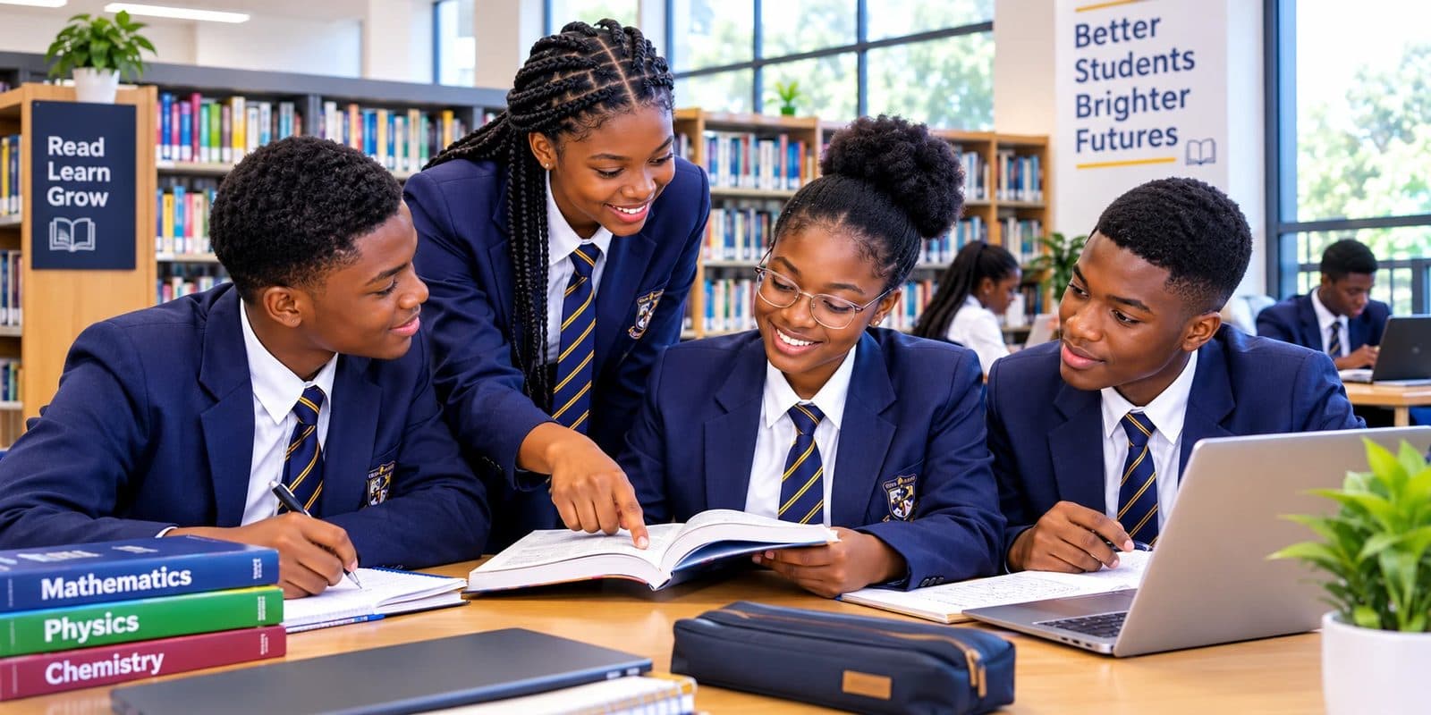 Secondary school students revising together in a library, with Mathematics, Physics and Chemistry textbooks and a laptop