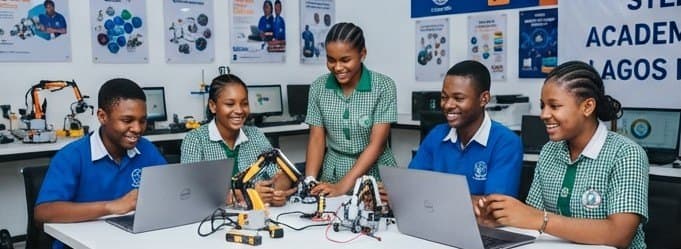 Smiling secondary school pupils building and testing robots with laptops in a STEM lab