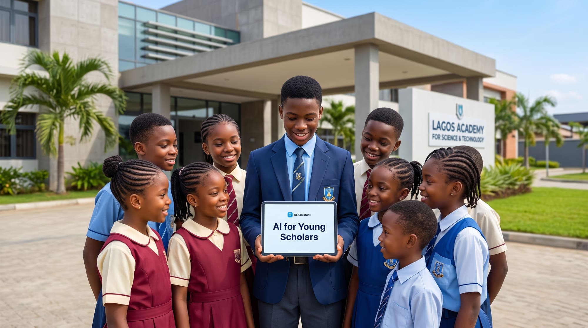 A learner exploring PromptPaddi Junior's AI tools with classmates outside their school