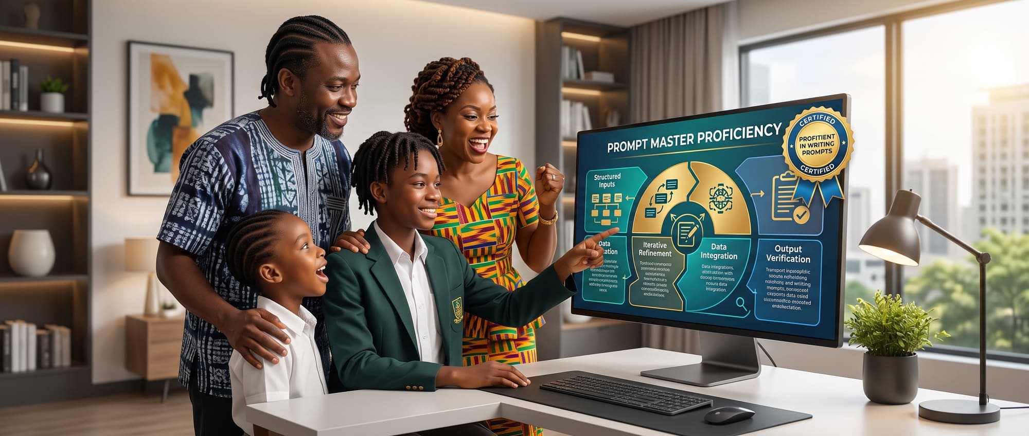 A family celebrating a learner's certified prompt-writing proficiency