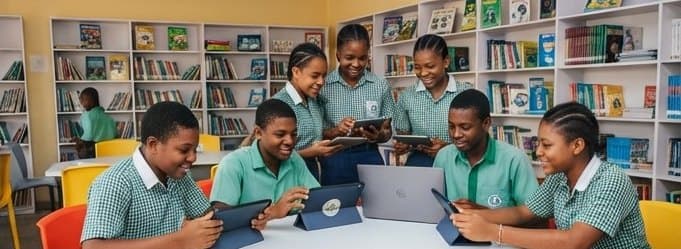 Secondary school pupils studying together in a library with tablets and a laptop