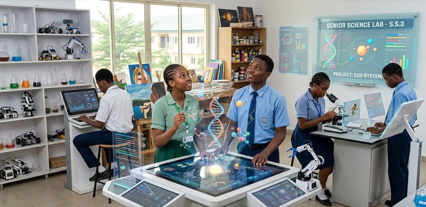 Secondary school pupils working with technology in a school science lab