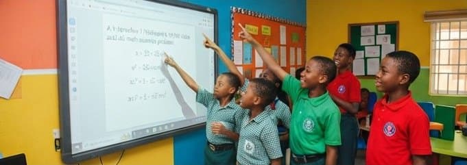 Primary pupils working through maths problems together on an interactive whiteboard