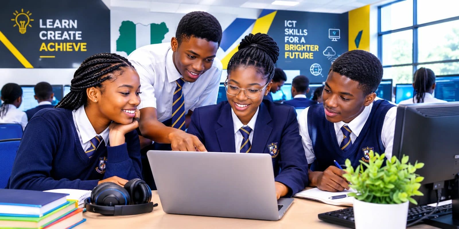 Secondary school students gathered round a laptop in their school's ICT room, one pointing at the screen