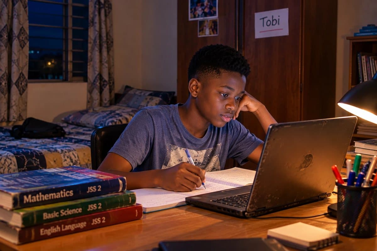 Tobi, a JSS 2 pupil, at his desk at home in the evening, writing in his exercise book beside his laptop under a desk lamp