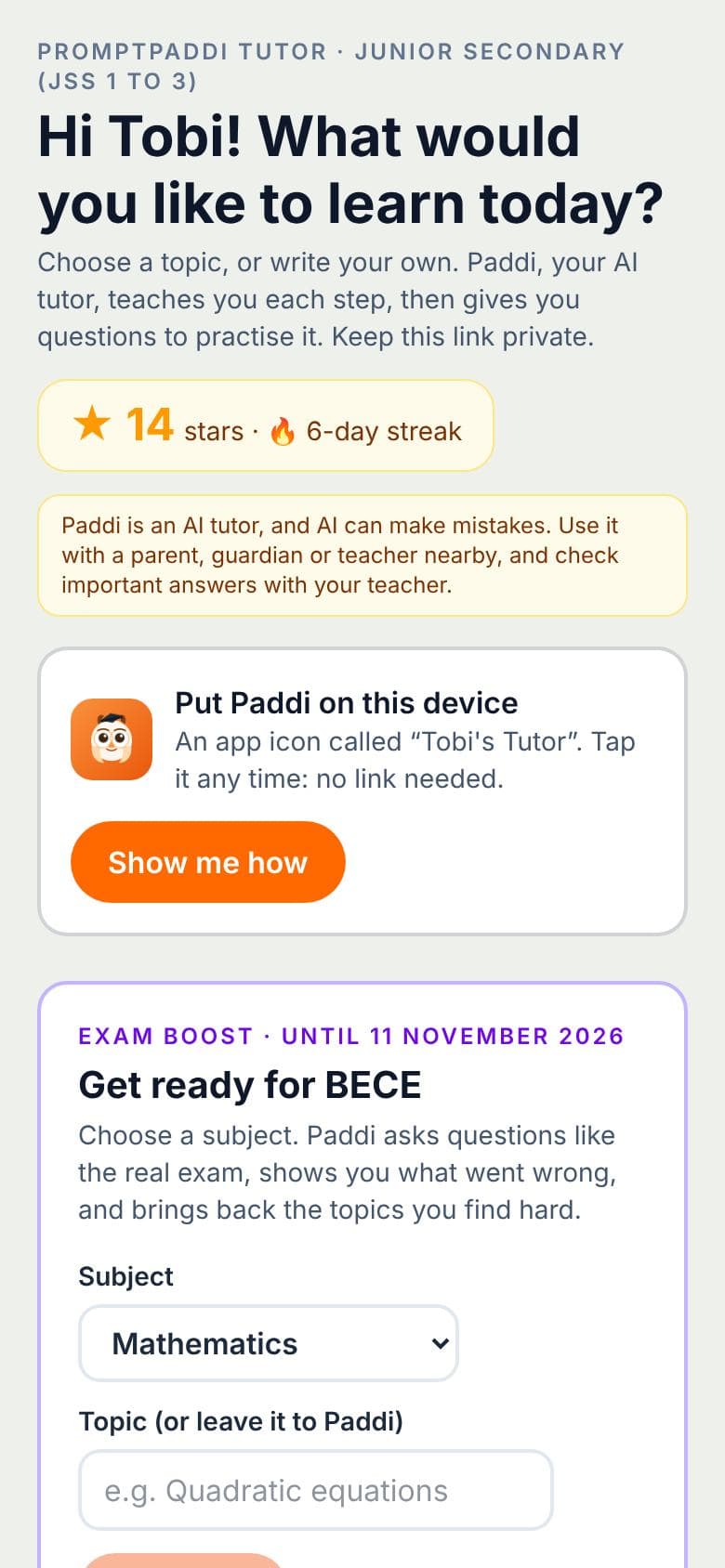 The child's Tutor page