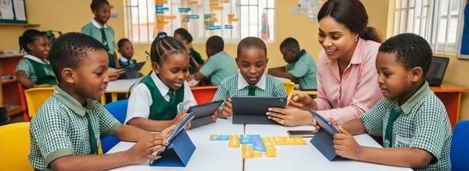 A teacher sitting with young pupils as they learn on tablets, smiling with them