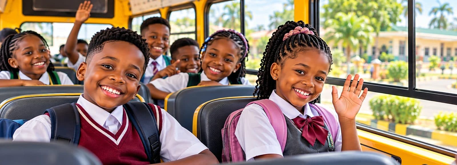 Smiling pupils in school uniform waving from their seats on a yellow school bus